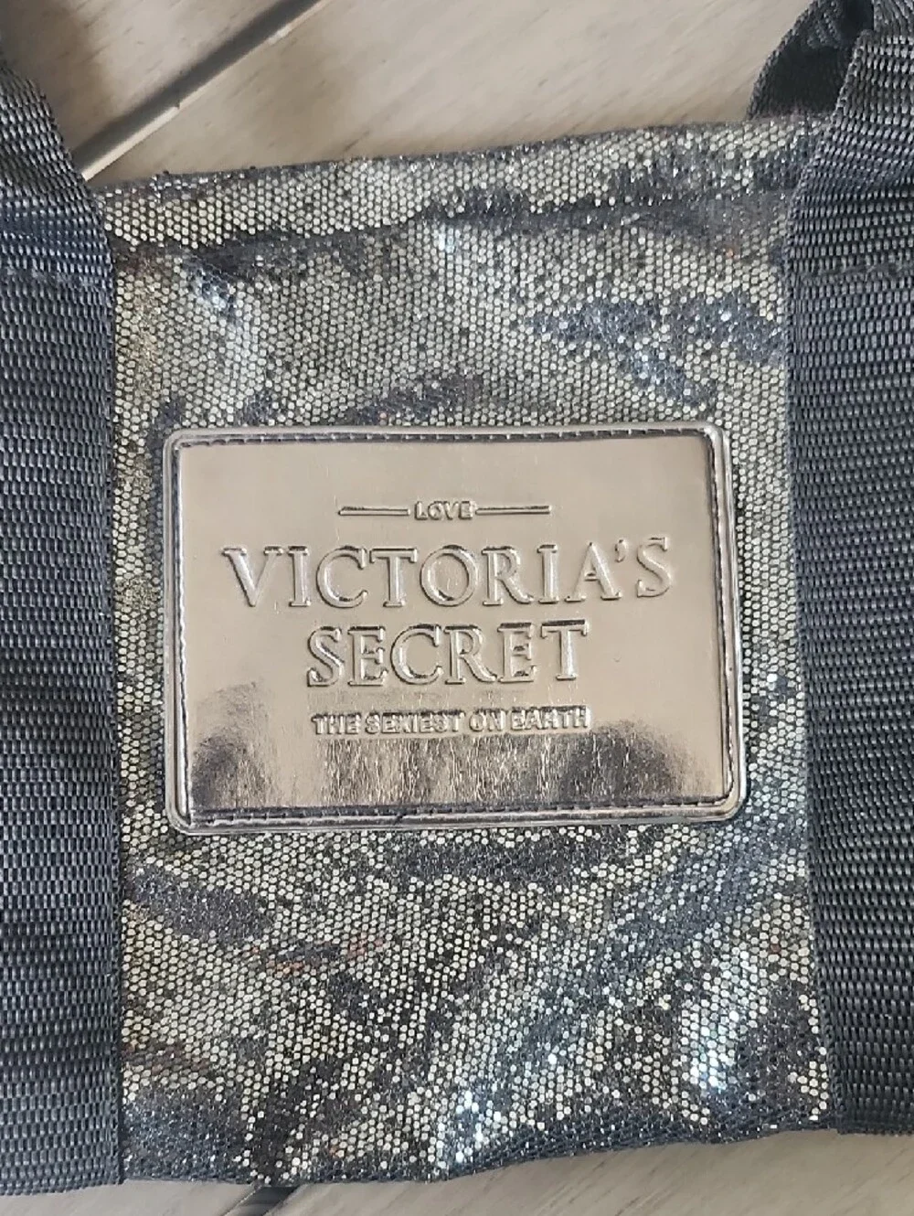 Victoria's Secret Silver Sequin Cosmetic Tote with Black Straps